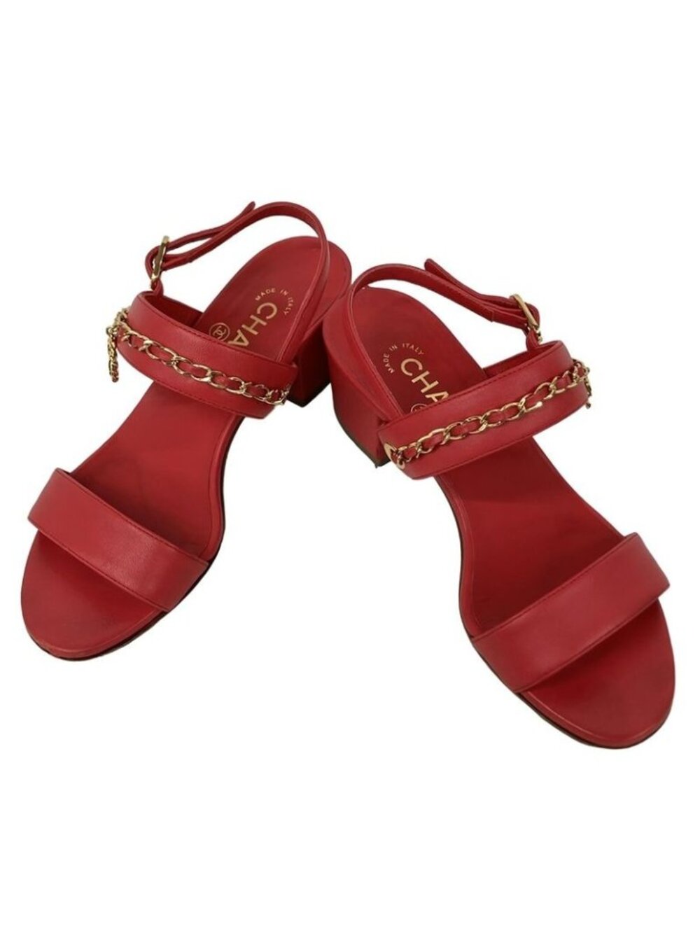 Chanel Sandals 35.5 C Red Chain Clover Gold Leather - Picture 2 of 10